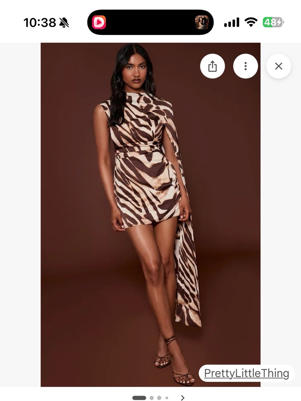 PrettyLittleThing Brown and Cream Zebra-Print One-Shoulder Mini Dress